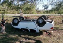 Ebrio vuelca la camioneta del trabajo y abandona a su compañero lesionado