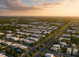 Vista aérea de desarrollos residenciales modernos en Mérida, Yucatán